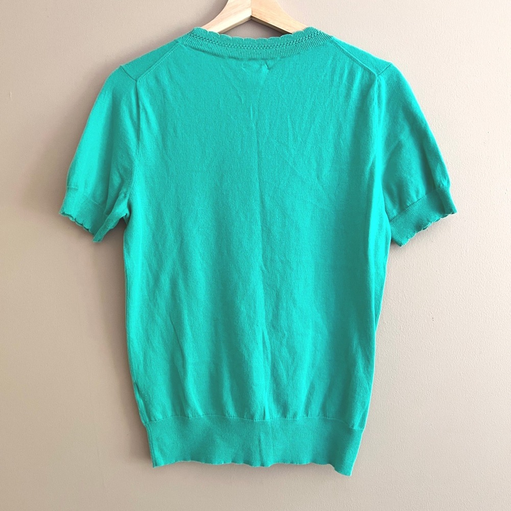 J.Crew Womens Green Scalloped Pointelle Neck Short Sleeve Cotton Sweater Size M - Picture 2 of 8